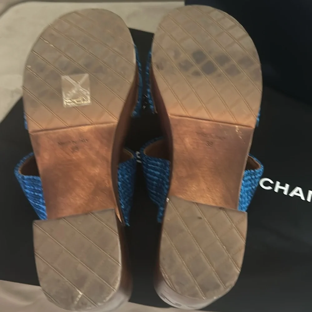 Chanel Navy Blue Tweed wooden Platform sandals with chain Embellishments - Picture 7 of 9